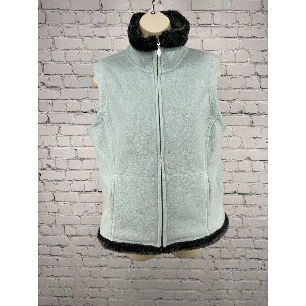 SDI Blue Faux Fur Trim Full Zip Sleeveless Vest Zip Pockets Women’s L